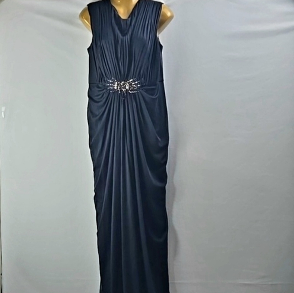 Adrianna Papell Womens Navy  Cap-Sleeve Tulle Gown Maxi Dress Jewel Waist Sz 14